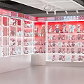 Store Front Desk With Red Wall Grid Display Shelves Plush Toys And Shopping Cart