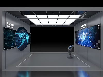 Modern Exhibition Hall Featuring Holographic Projection Interactive Equipment Digital Screens And Data Visualization 3d model