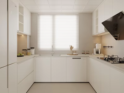 Modern White Kitchen Interior With Cabinets Sink Stove And Window Blinds 3d model