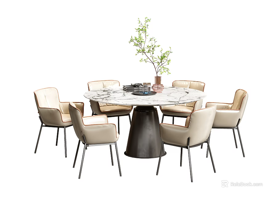 Stylish Dining Table Set With Marble Tabletop Metal Base Chairs And Green Plant 3d model