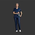 Medical Professional In Blue Scrubs With Stethoscope And Clipboard Standing Against Gray Background