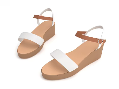 Women's Casual Wedge Sandals With White Straps Brown Soles And Ankle Straps 3d model