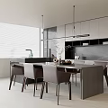 Modern Restaurant Kitchen Open Design With Dining Table Chairs Cabinets And Pendant Lights 3d model