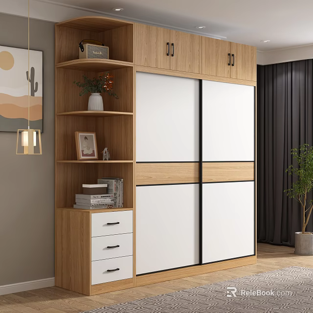 Modern Wooden and White Sliding Door Wardrobe with Shelves Drawers and Decorative Items 3d model 