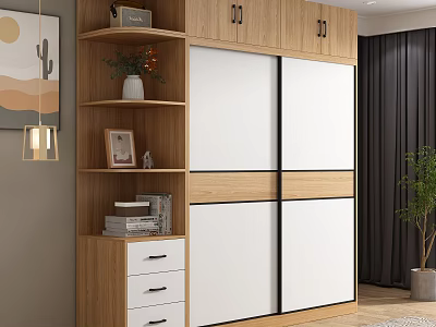 Modern Wooden and White Sliding Door Wardrobe with Shelves Drawers and Decorative Items 3d model