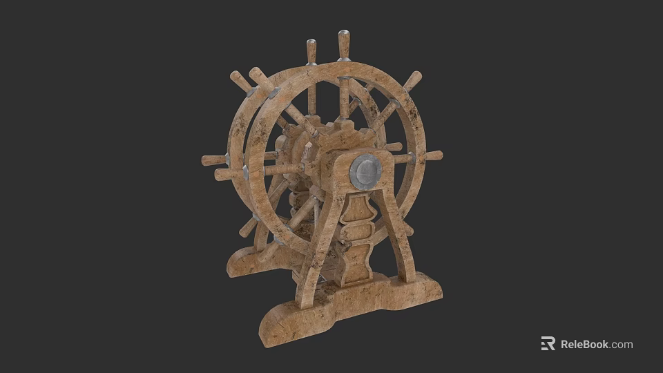 Vintage Wooden Sailing Ship Wheel With Detailed Spokes And Decorative Base 3d model 
