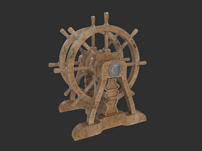Vintage Wooden Sailing Ship Wheel With Detailed Spokes And Decorative Base 3d model