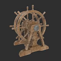Vintage Wooden Sailing Ship Wheel With Detailed Spokes And Decorative Base