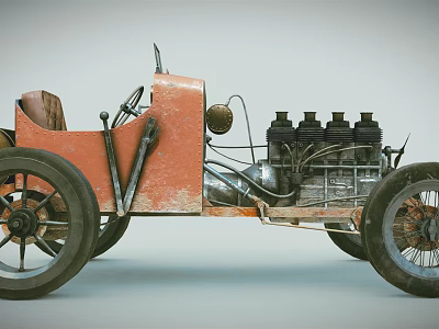 Vintage Orange Car With Exposed Engine Old Wheels And Leather Seat 3d model