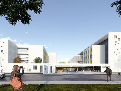 Modern School Buildings With White Exterior Contemporary Design Entrance Area And Green Surroundings 3d model