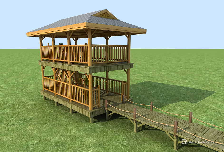 Two Level Wooden Roadside Walkway Structure With Railings And Grass Surroundings 3d model 