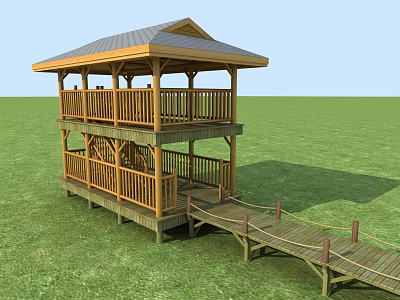 Two Level Wooden Roadside Walkway Structure With Railings And Grass Surroundings 3d model