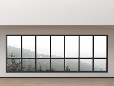 Floor to Ceiling Window with Scenic Mountain View and Green Trees in Minimalist Interior 3d model