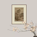 Framed Landscape Painting on Beige Wall with Mountain River Scenery and Beige Flower Branches