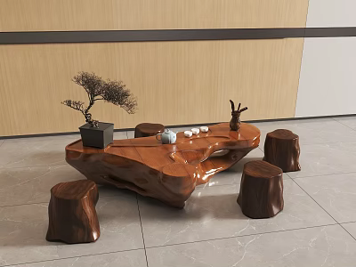 Natural Wooden Root Carving Tea Table With Bonsai Plant Tea Set And Stump Stools 3d model