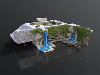 Modern Rocky Architectural Design With Rooftop Plants Waterfalls Pools And Seating Areas 3d model