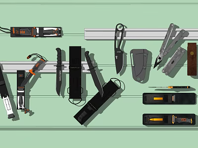 Modern Kitchen Utensils Hanging On Rack With Knives Scissors And Metal Tool Cases 3d model