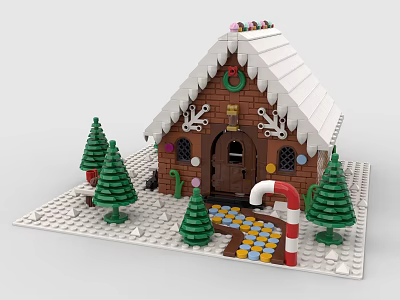 Gingerbread House Constructed With Building Blocks Including White Roof Christmas Trees And Candy Cane 3d model