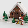 Gingerbread House Constructed With Building Blocks Including White Roof Christmas Trees And Candy Cane