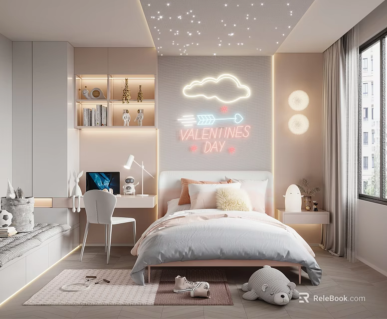 Kids Bedroom With Star Ceiling Cloud Neon Sign Bed Desk Chair And Stuffed Toy 3d model 