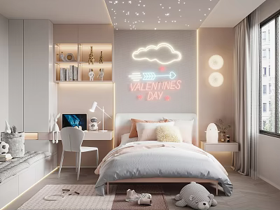 Kids Bedroom With Star Ceiling Cloud Neon Sign Bed Desk Chair And Stuffed Toy 3d model