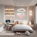 Kids Bedroom With Star Ceiling Cloud Neon Sign Bed Desk Chair And Stuffed Toy