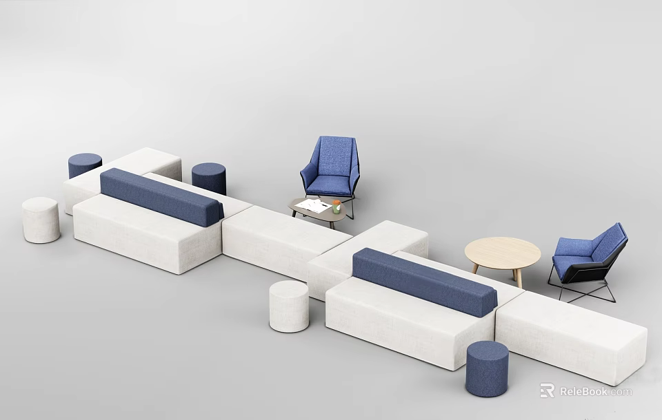 Modern Blue And White Sectional Sofa Interior With Modular Design Accent Chairs And Round Tables 3d model 
