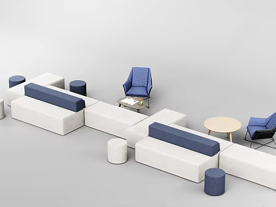 Modern Blue And White Sectional Sofa Interior With Modular Design Accent Chairs And Round Tables 3d model