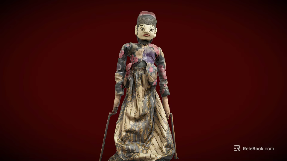 Traditional Cloth Doll With Colorful Patterned Costume And Wooden Cane On Red Background 3d model 