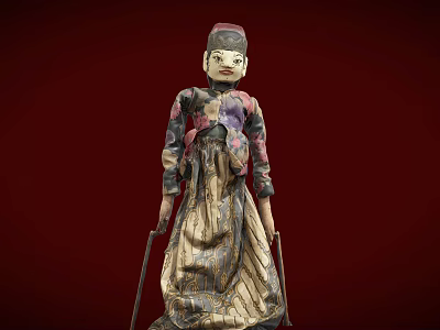 Traditional Cloth Doll With Colorful Patterned Costume And Wooden Cane On Red Background 3d model