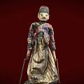 Traditional Cloth Doll With Colorful Patterned Costume And Wooden Cane On Red Background