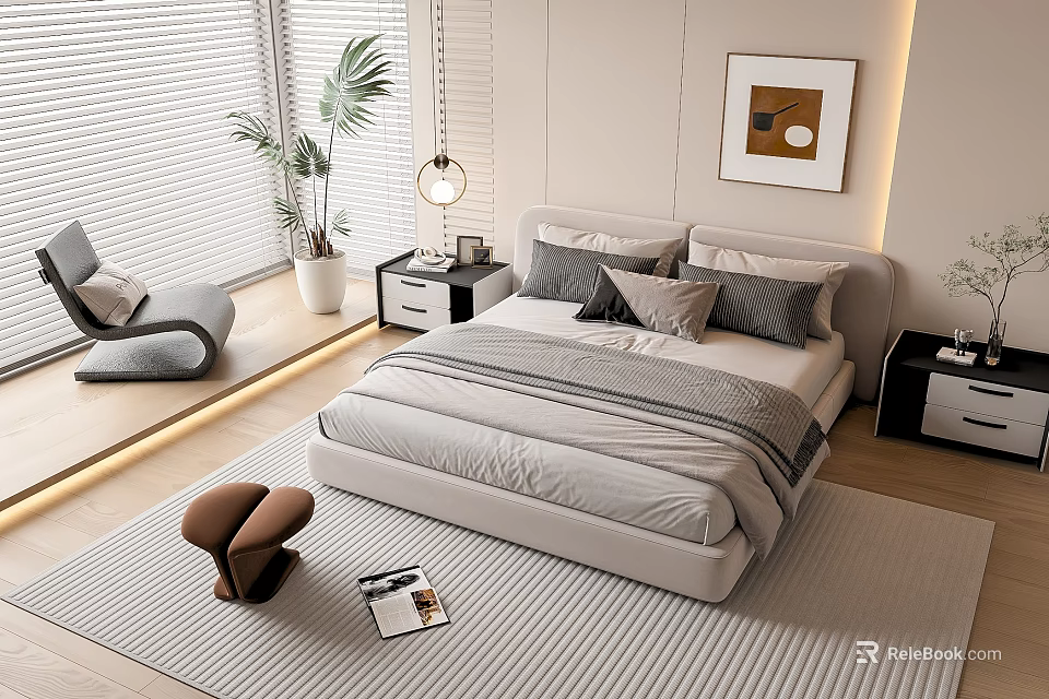 Modern Bedroom With Double Bed Pillows Nightstands And Area Rug 3d model 
