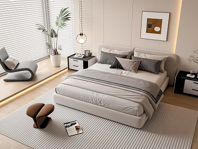 Modern Bedroom With Double Bed Pillows Nightstands And Area Rug 3d model