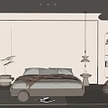 Modern Minimalist Bedroom with Beige Accent Wall LED Strip Lighting Neutral Bedding and Cozy Rug