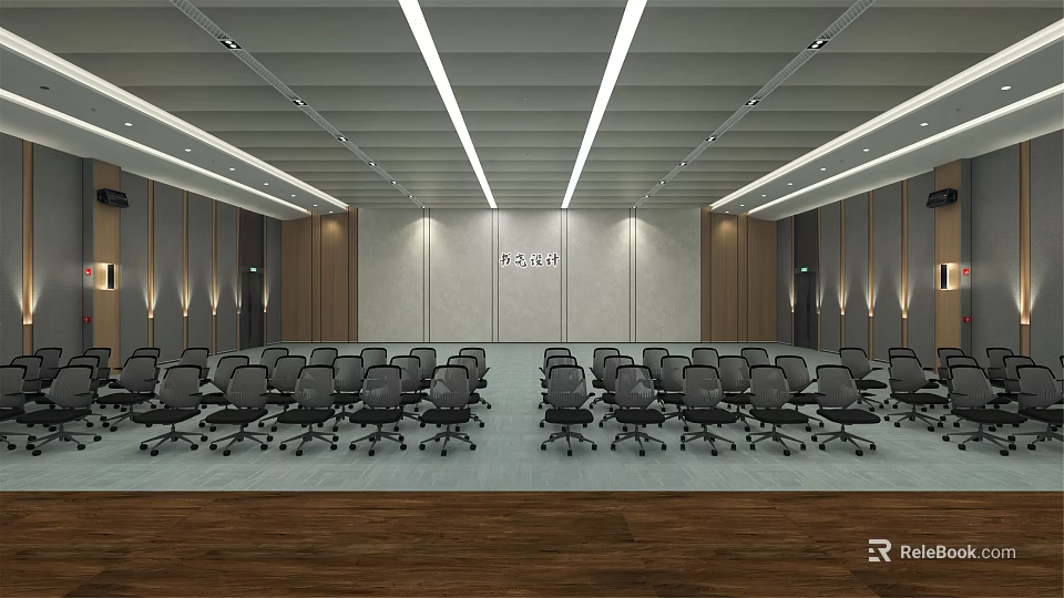 Modern Conference Room Interior With Arranged Black Office Chairs And Meeting Wall 3d model 