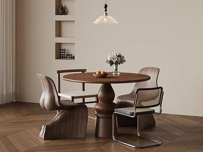 Stylish Dining Room Interior With Round Wooden Table Chairs Vase Flowers And Wooden Flooring 3d model
