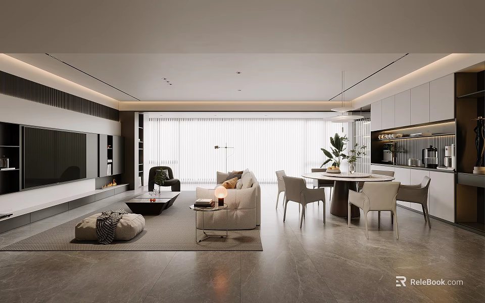 Modern Living Dining Room Interior With Sofa Dining Table And Floor To Ceiling Windows 3d model