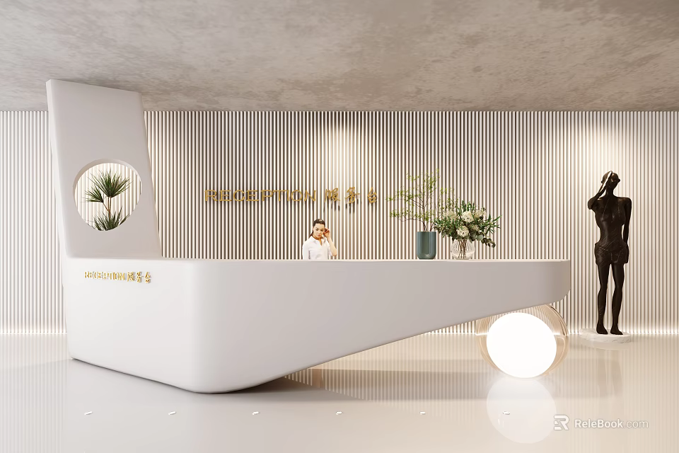 Modern Front Desk Interior Design With White Counter Decorative Plants And Staff 3d model 