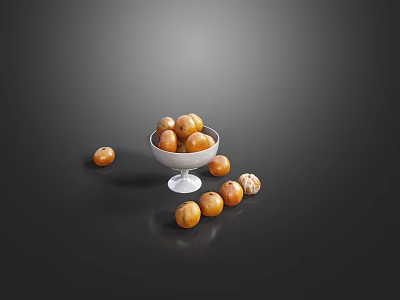 Fresh Golden Fruits in White Glass Bowl with Scattered Pieces on Dark Surface 3d model