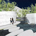 White Stone Landscape Wall With Water Pool And Trees In Evening Scene