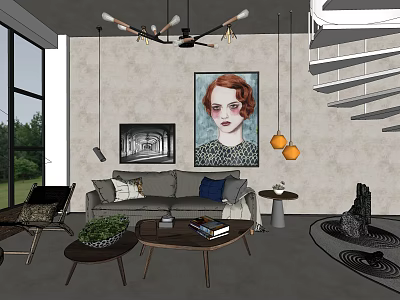 Modern Hotel Guest Room Living Area With Sofa Artwork Chandelier And Floor To Ceiling Windows 3d model