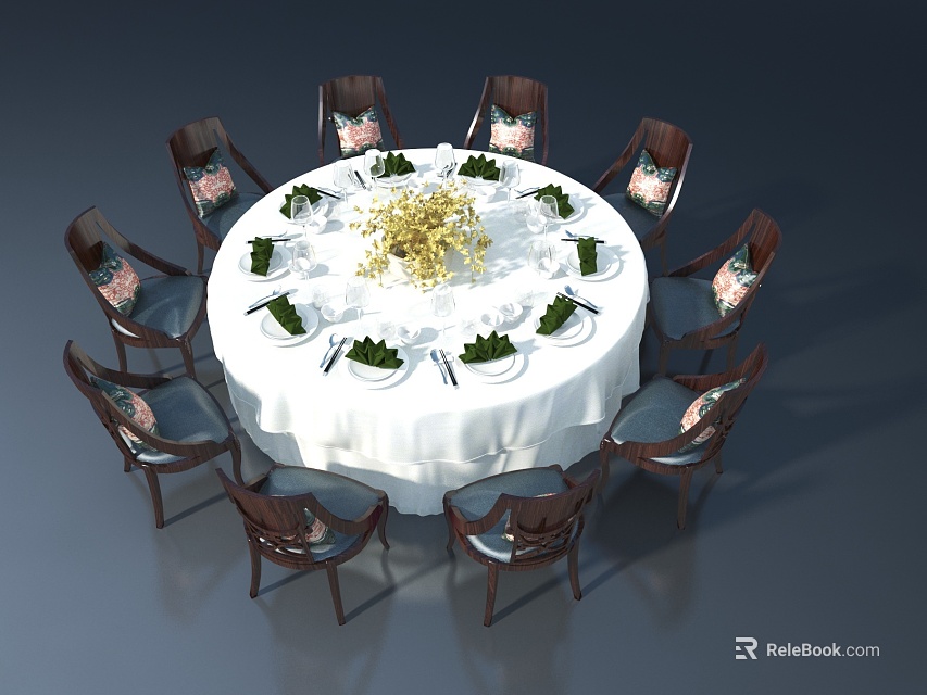 Casement Window In Elegant Dining Room With Round Table White Tablecloth Tableware And Golden Flowers 3d model 