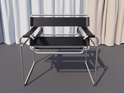 Modern Single Accent Chair With Black Leather Seat And Chrome Metal Frame Against Curtain Backdrop 3d model