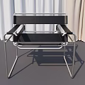 Modern Single Accent Chair With Black Leather Seat And Chrome Metal Frame Against Curtain Backdrop
