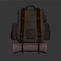 Vintage Brown Backpack With Rolled Pink Mat At The Bottom And Leather Straps