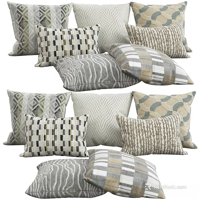 Modern Decorative Pillows With Geometric Striped And Wavy Patterns In Neutral Tones 3d model