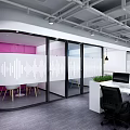 Modern Office Break Room With White Cabinets Wooden Shelves Island Counter And Blue Walls