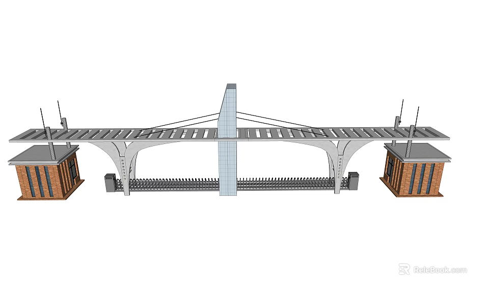 Modern Entrance Gate With Arch Structure Central Pillar And Side Buildings 3d model 