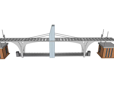 Modern Entrance Gate With Arch Structure Central Pillar And Side Buildings 3d model