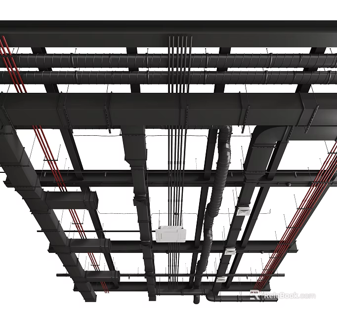 Industrial Style Ceiling Design With Exposed Pipes Ducts And Wiring 3d model 